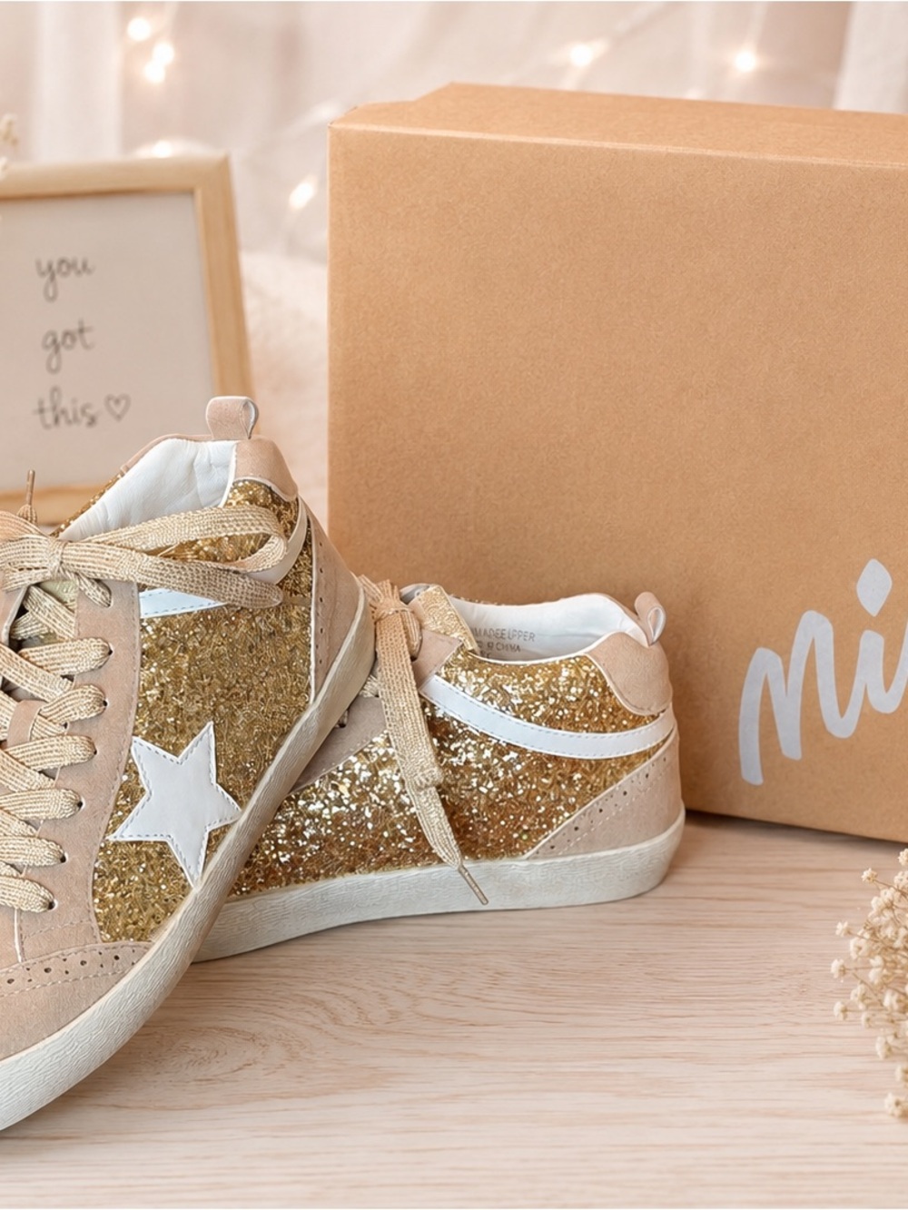 Mi.iM Gold Glitter Star Sneakers with Cream Trim
